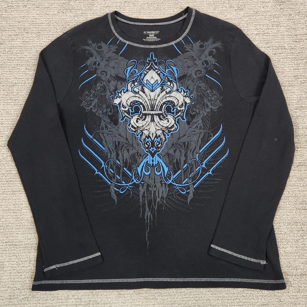 No Boundries Thermal Shirt Y2K Mens XL Black Grunge Goth Affliction Style Fluer